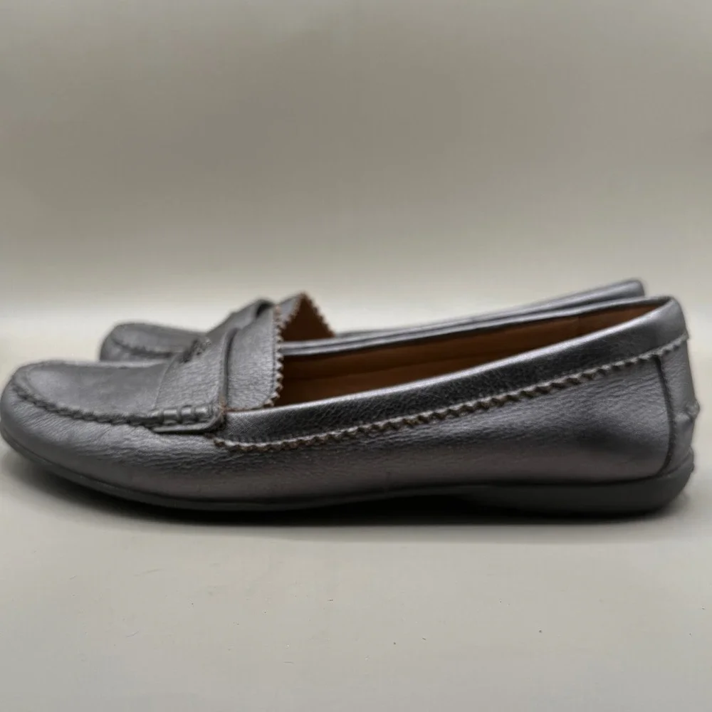 Coach Odette Loafers Womens 8B Metallic Pebbled Leather Gunmetal Silver